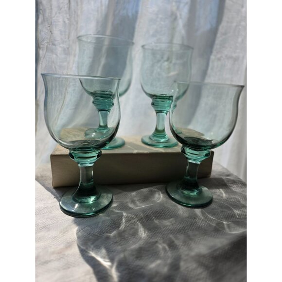 Set Of 4 Vintage Green Libby Clarion Glass Goblets - Picture 3 of 9